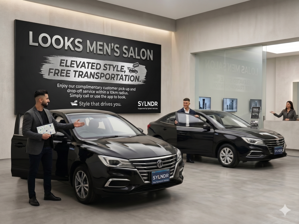 Showroom with two black cars and staff presenting vehicles; a large wall sign reads 'Looks Men's Salon' with promotional text underneath.